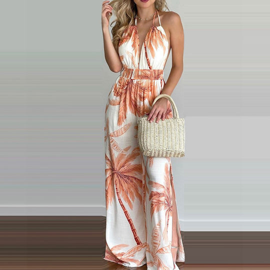 Damen eleganter Jumpsuit mit Spaghettiträgern und hohen Seitenschlitzen R&B