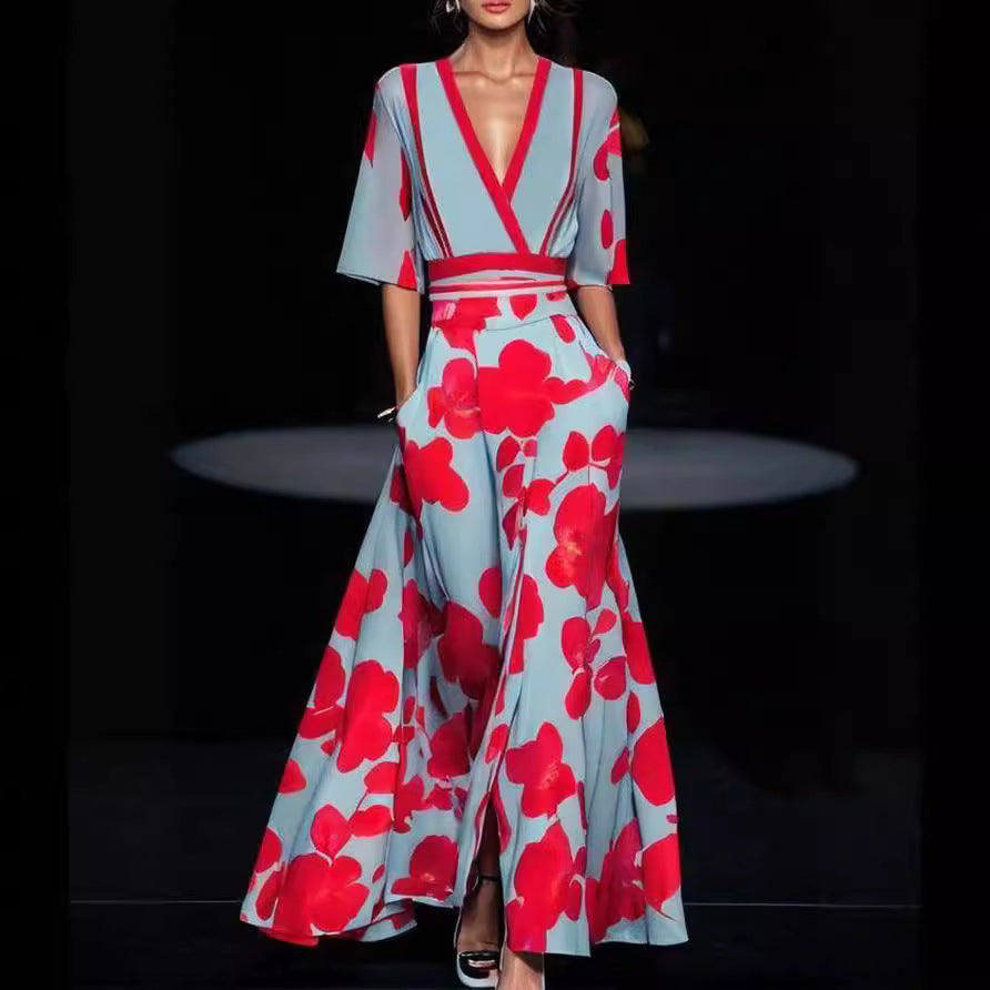Damen Maxikleid mit floralem Muster und elegantem V-Ausschnitt R&B