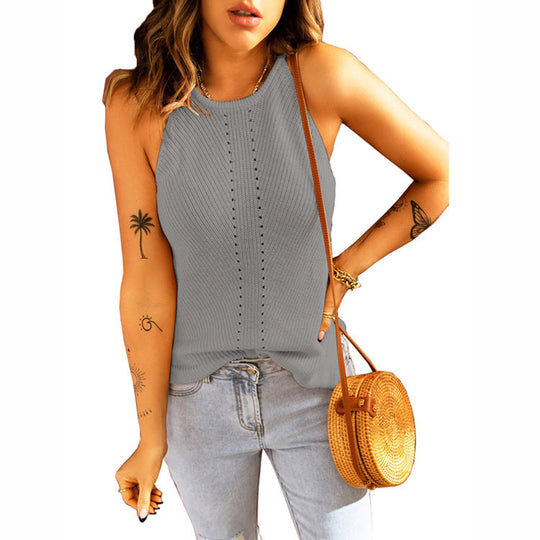Damen ärmelloses Stricktop mit Rippstruktur und dekorativem Lochmuster R&B