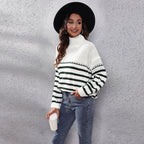 Damen Strickpullover mit hohem Kragen und modernem Streifenmuster R&B
