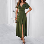 Damen Maxikleid mit tiefem V-Ausschnitt und seitlichem Schlitz R&B