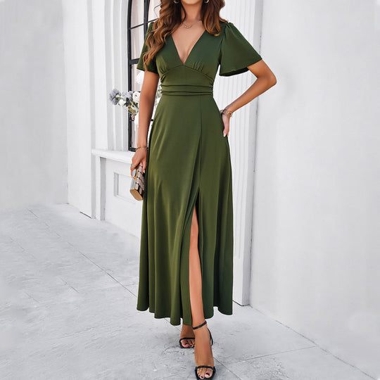 Damen Maxikleid mit tiefem V-Ausschnitt und seitlichem Schlitz R&B