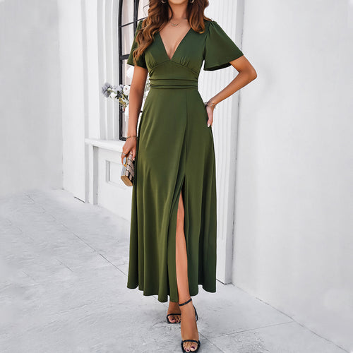 Damen Maxikleid mit tiefem V-Ausschnitt und seitlichem Schlitz R&B