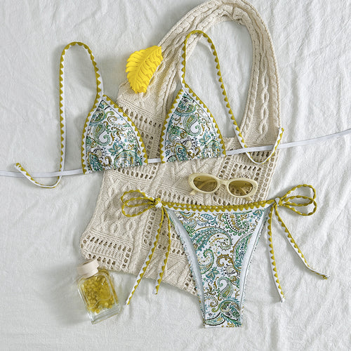 Damen Triangel-Bikini mit modischem Paisleymuster und eleganter Häkeloptik R&B