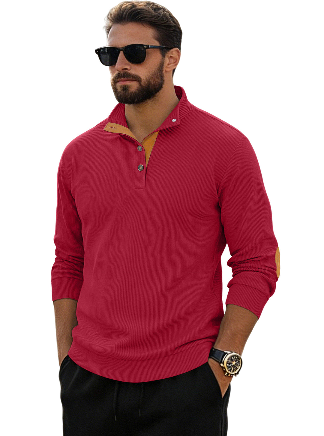 Herren nan fein gerippter Strickpullover mit Polokragen Knopfleiste und Ellenbogenbesatz R&B