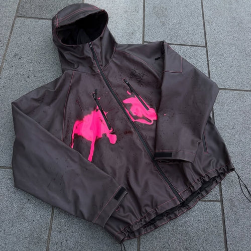 Damen nan wasserdichte Kapuzenjacke mit Spritzdruck-Design, vertikalen Reißverschlusstaschen und verstellbarem Saum R&B