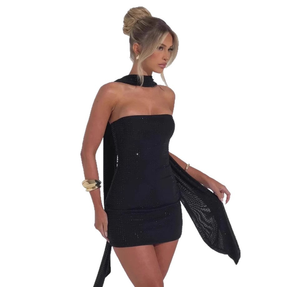 Damen Glitzerndes Cocktailkleid mit schimmerndem Stehkragen und figurbetonter Silhouette R&B