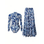 Damen Badeanzug mit langärmligem Design und floralem Maxirock