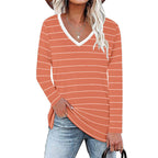 Damen V-Ausschnitt Langarmshirt mit Streifenmuster und seitlichen Schlitzen R&B