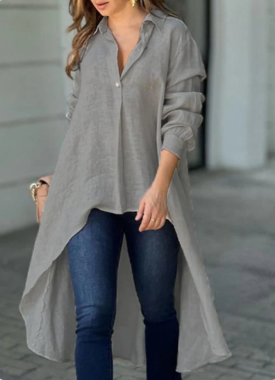 Damen Lässige Langarmbluse mit asymmetrischem Schnitt und Knopfdetails R&B