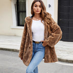 Damen Luxus Kunstpelzmantel mit Kapuze R&B