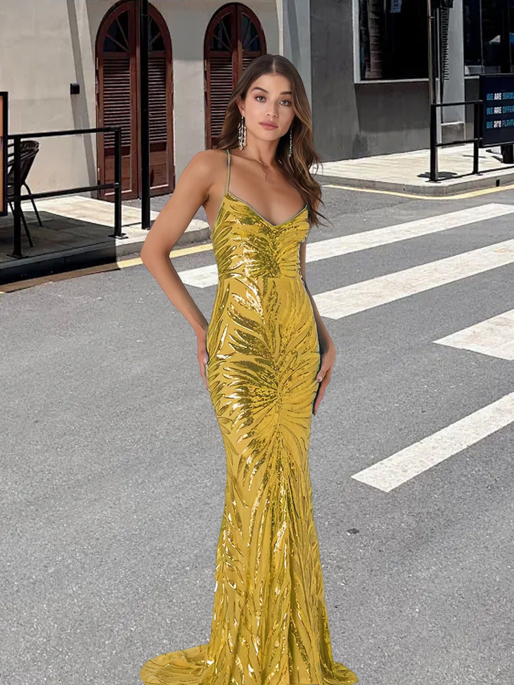 Damen Glamouröses Abendkleid mit funkelndem Paillettenmuster und V-Ausschnitt R&B