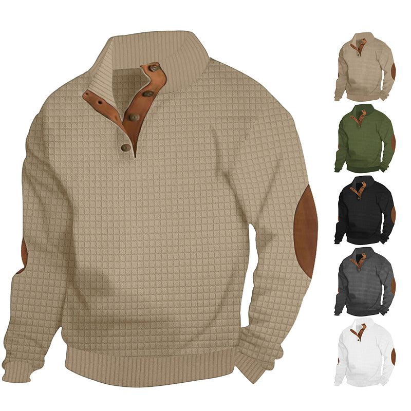 Herren nan waffelstruktur-Troyer mit Stehkragen Druckknopf-Leiste und Nappaleder-Ellenbogenpatches R&B