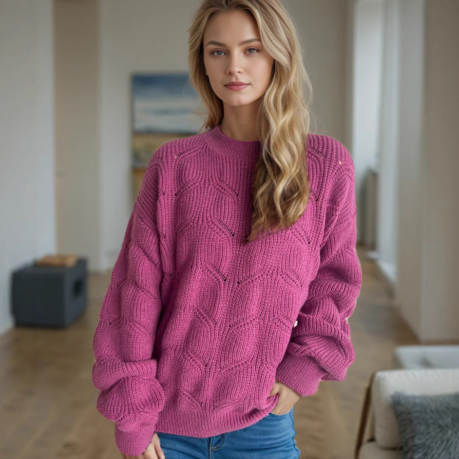 Damen Grobstrickpullover mit romantischem Zopfmuster und weit geschnittenen Ärmeln R&B