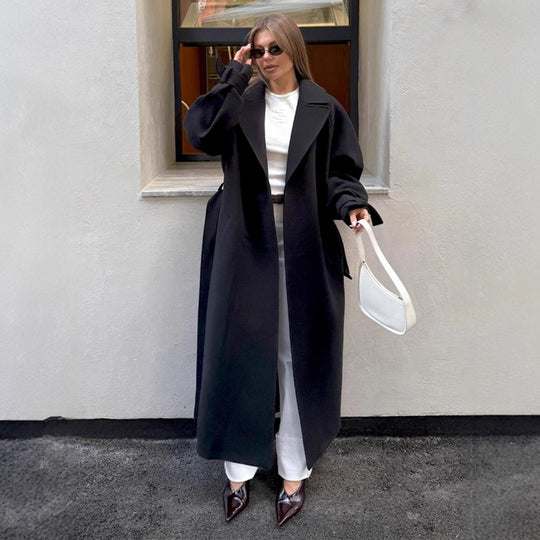 Damen Eleganter, taillierter Wollmantel mit Gürtel R&B