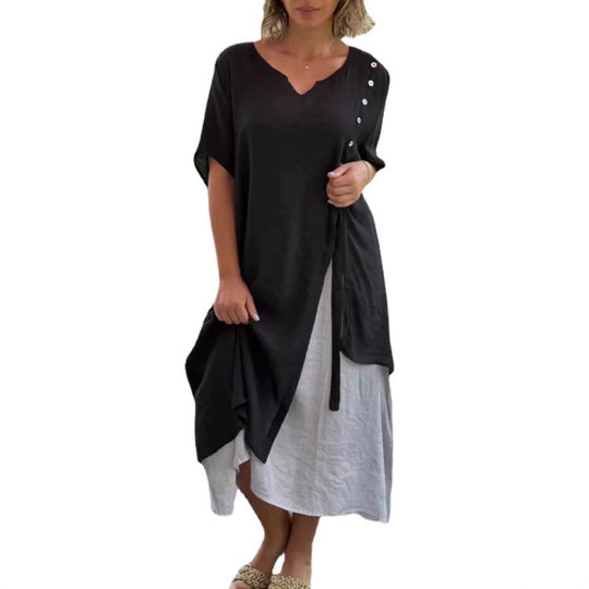 Damen nan zweilagiges Lagenkleid mit asymmetrischem Saum und Zierknopfleiste R&B