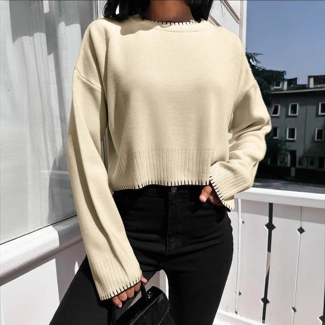 Damen lässiger Crop-Pullover mit strukturierten Säumen und Rundhalsausschnitt R&B