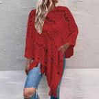 Damen Strickponcho mit kunstvollen Häkelmustern und Fransen R&B