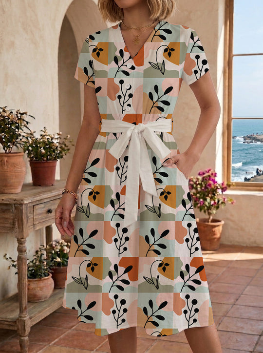 Damen Midikleid mit farbenfrohem Blumendesign und taillierbarem Bindegürtel R&B