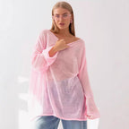 Damen luftige Strickbluse mit offenen Schultern und weiten Ärmeln R&B