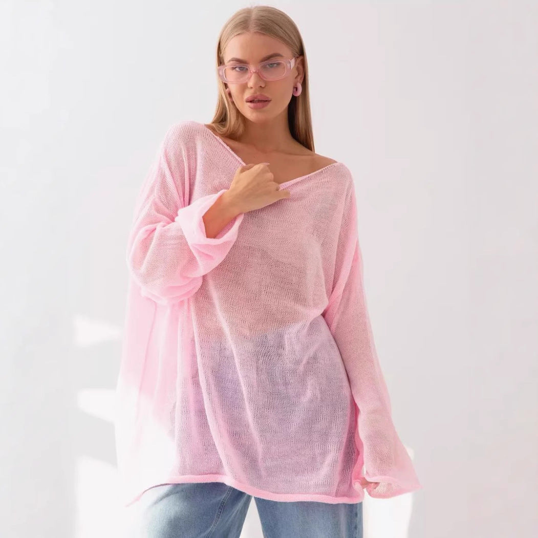 Damen luftiger Oversize-Strickpullover mit weitem Schnitt und transparentem GewR&Be R&B