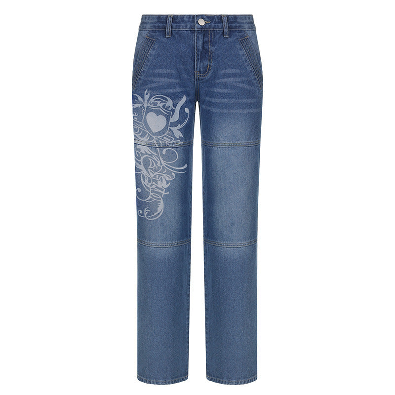 Damen weite Denim-Hose mit kunstvollem Druck R&B