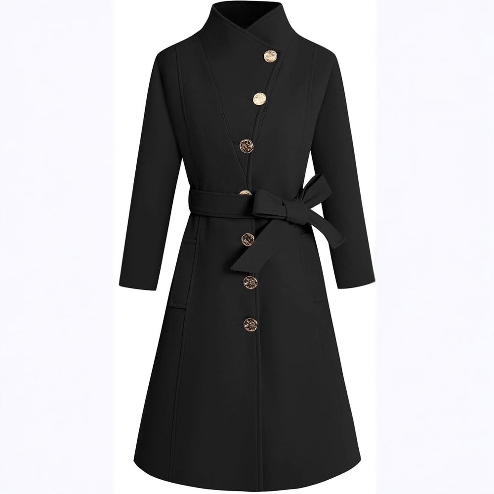 Damen eleganter Wrap-Mantel mit ausgefallenem Kragen und Gürtel R&B