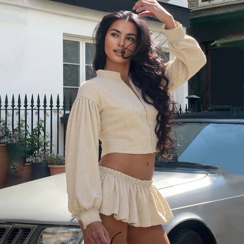 Damen Modische Jacke mit Puffärmeln und Stehkragen R&B