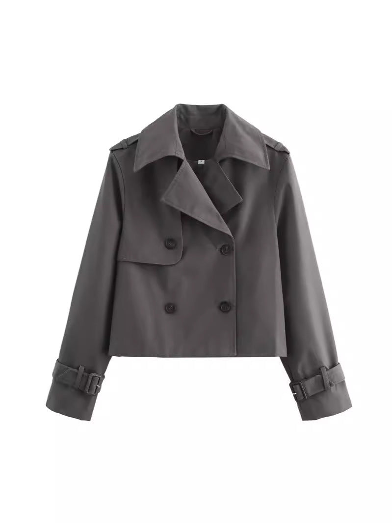 Damen cropped Trenchcoat mit doppelter Knopfleiste und verstellbaren Ärmeln R&B