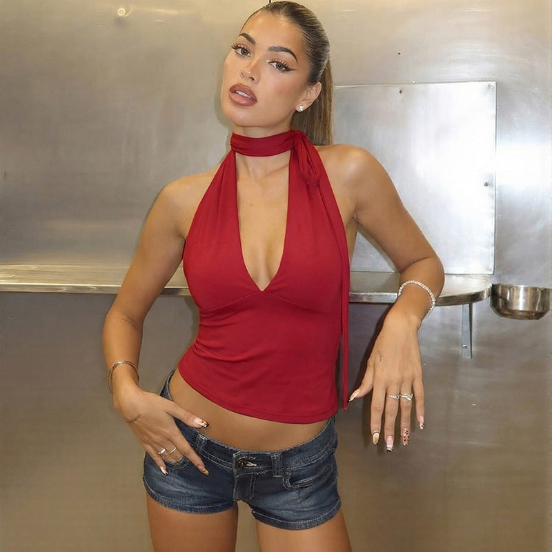 Damen Haltertop mit tiefem V-Ausschnitt und Schleifendetail R&B