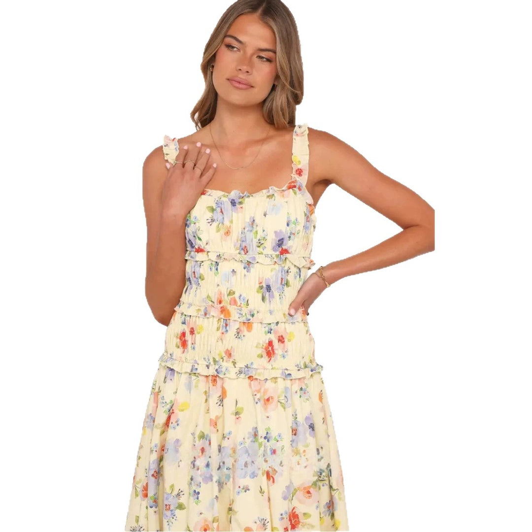 Damen nan luftig-leichte Stufenmidikleid mit gerafftem Oberteil und Rüschen-Trägern R&B