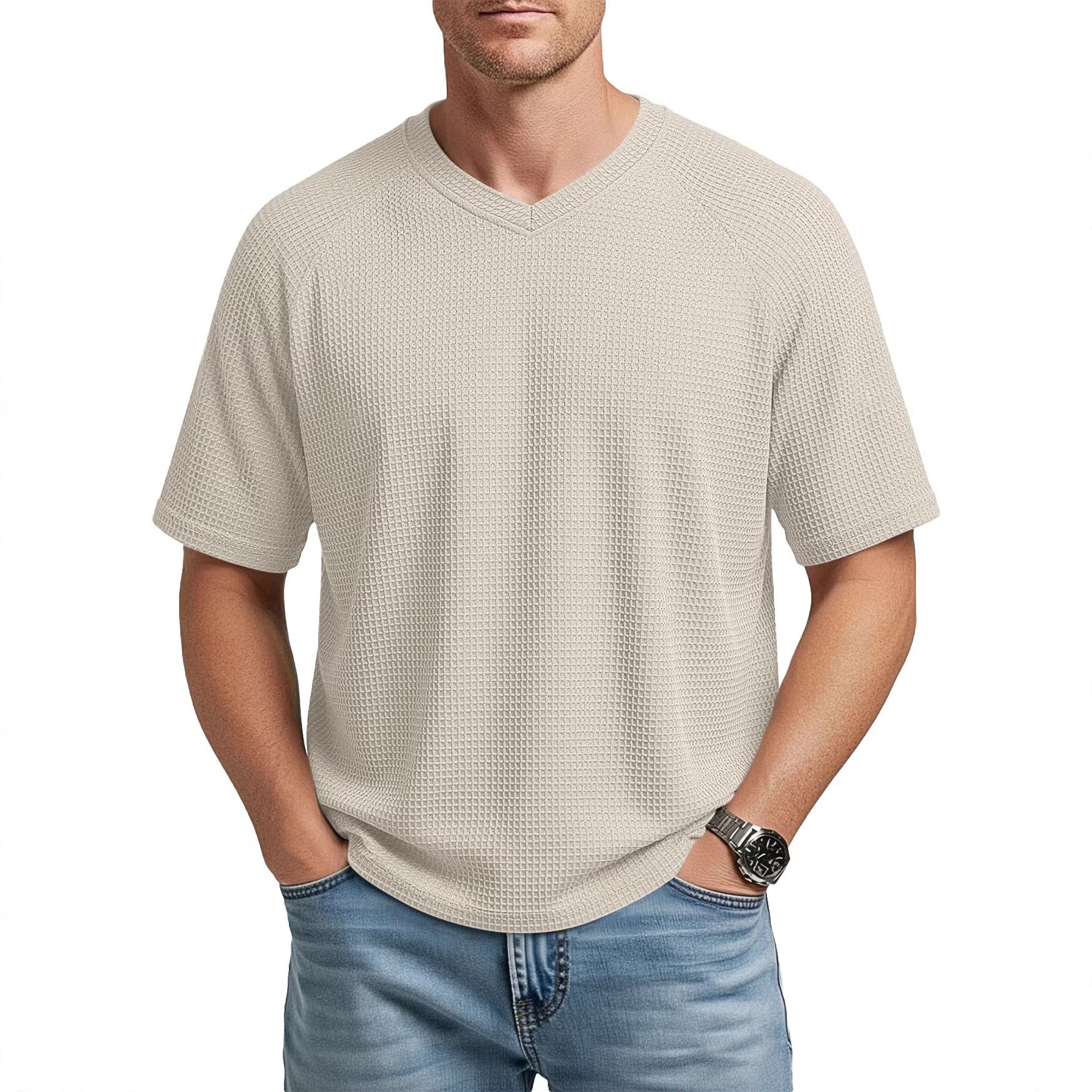 Herren nan lässiges V-Ausschnitt Waffelstrick-T-Shirt aus atmungsaktivem Baumwollmix R&B