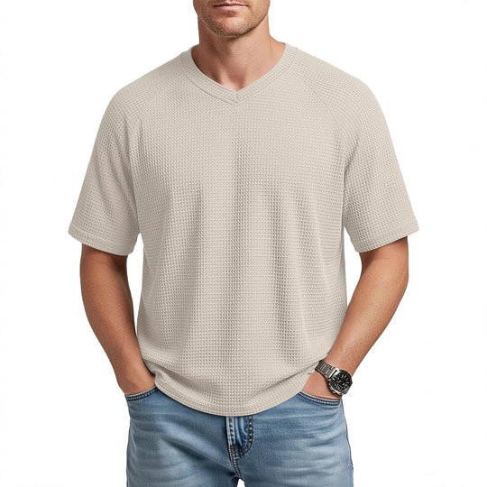 Herren nan lässiges V-Ausschnitt Waffelstrick-T-Shirt aus atmungsaktivem Baumwollmix R&B