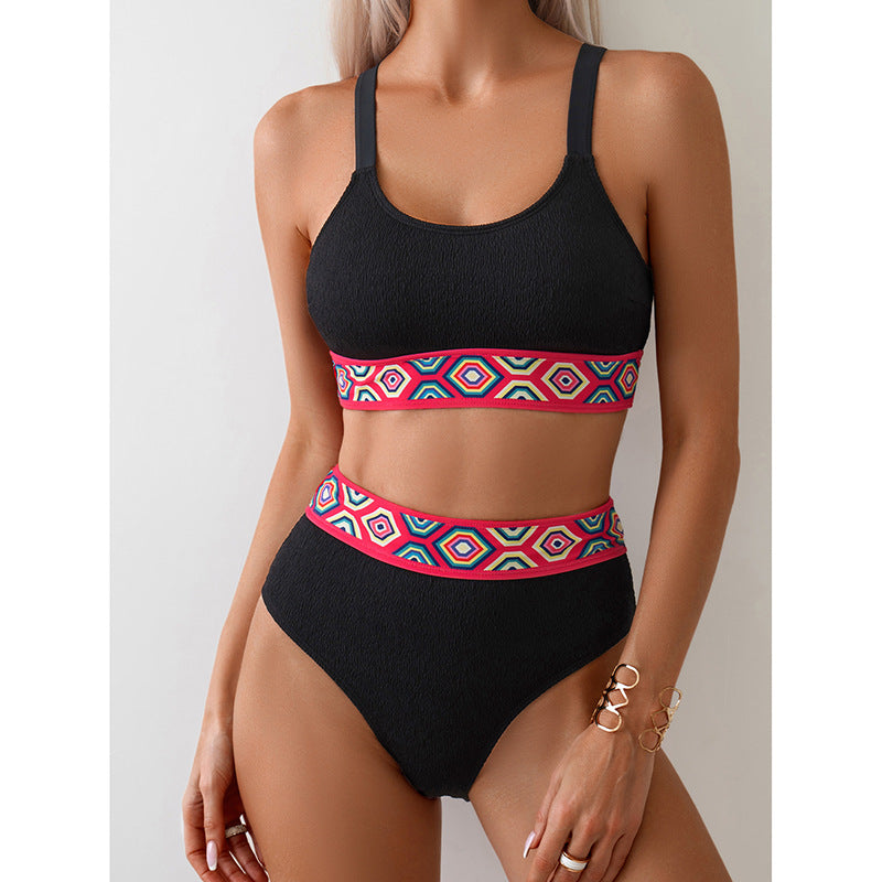 Damen Sportlicher Hochtaillen-Bikini mit buntem elastischen Bund R&B