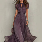 Damen nan langes Chiffon-Abendkleid mit Spitzen‑Stehkragen, Schlüsselöffnung und taillierter Schärpe R&B