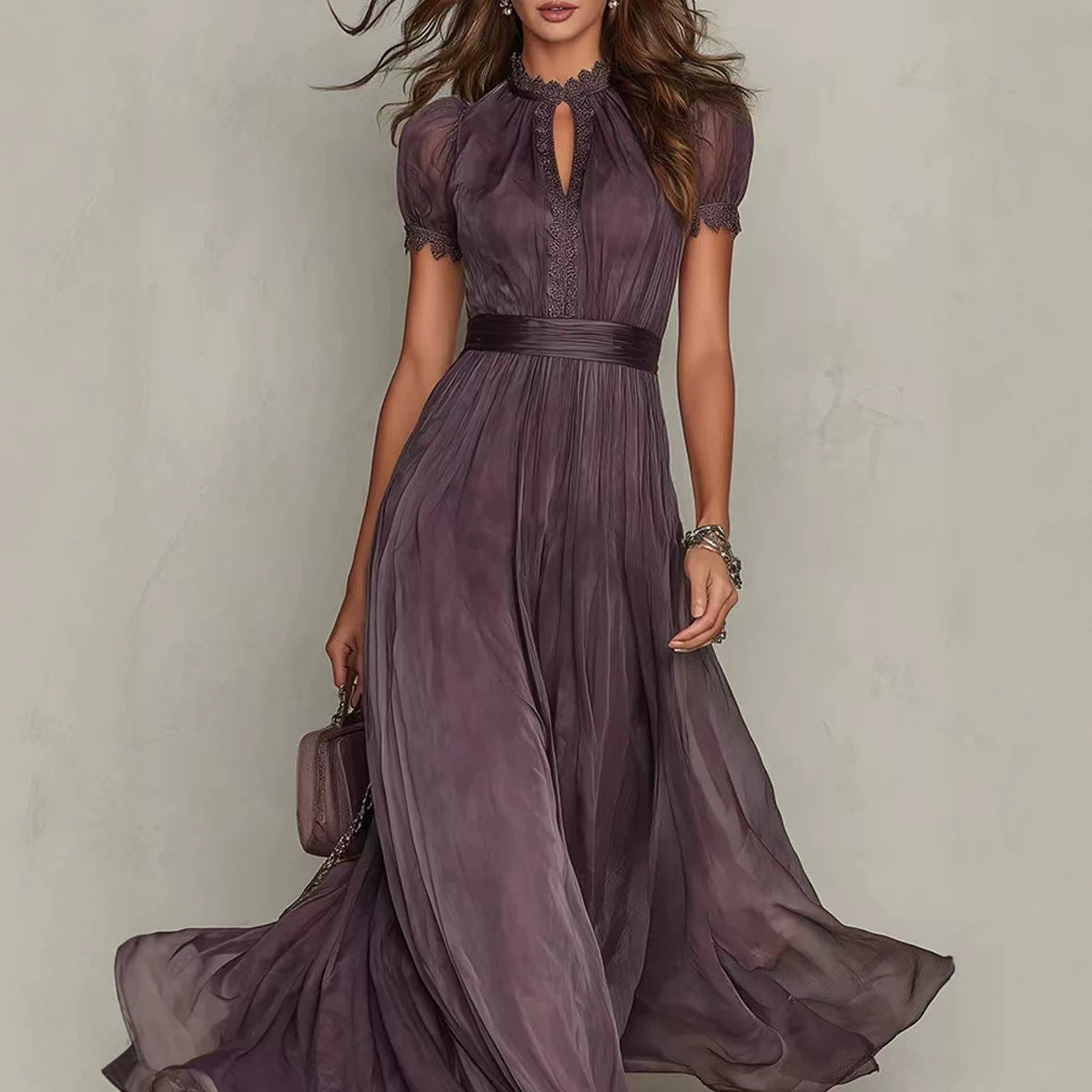 Damen nan langes Chiffon-Abendkleid mit Spitzen‑Stehkragen, Schlüsselöffnung und taillierter Schärpe R&B