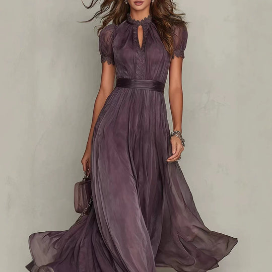 Damen nan langes Chiffon-Abendkleid mit Spitzen‑Stehkragen, Schlüsselöffnung und taillierter Schärpe R&B
