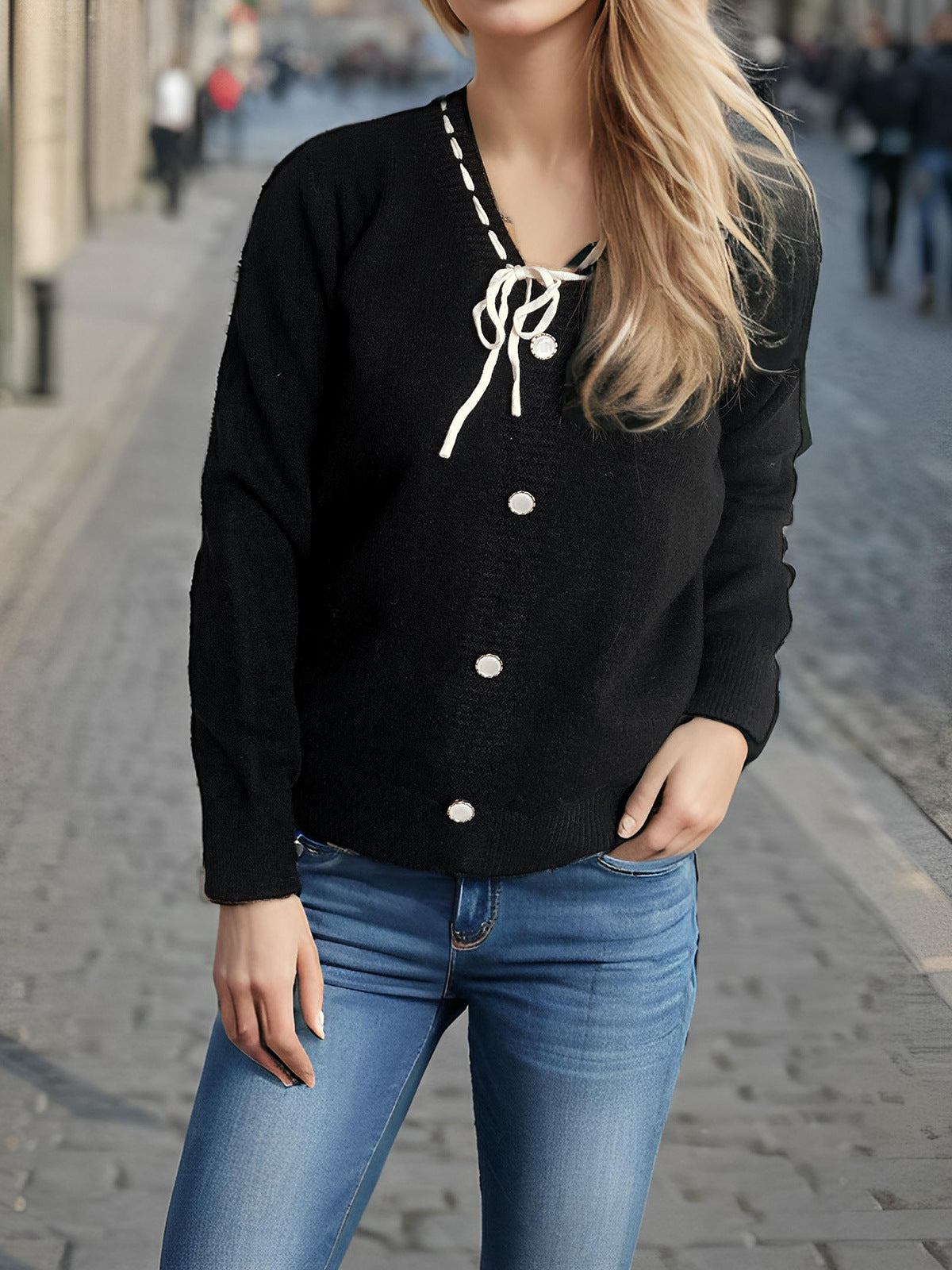 Damen modischer Strickpullover mit verspieltem BindR&Band und dekorativen Knöpfen R&B