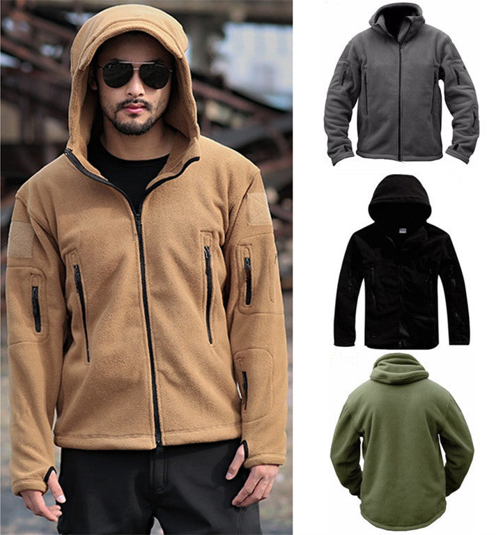 Herren Fleecejacke mit mehrfachen Taschen und verstellbarem Kapuzenkragen R&B