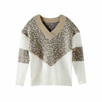 Damen modischer Pullover mit außergewöhnlichem Leopardenmuster und V-Ausschnitt R&B