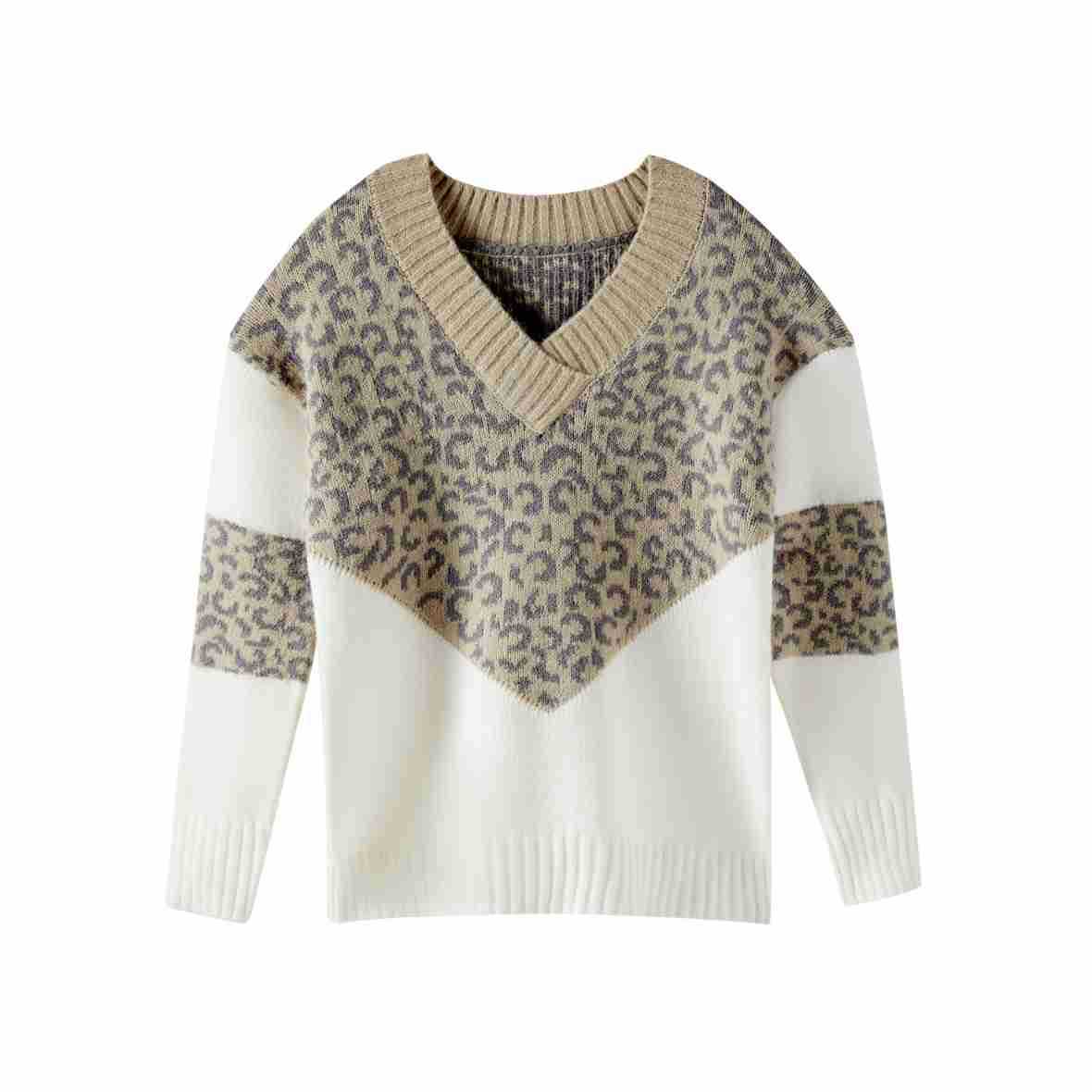 Damen modischer Pullover mit außergewöhnlichem Leopardenmuster und V-Ausschnitt R&B