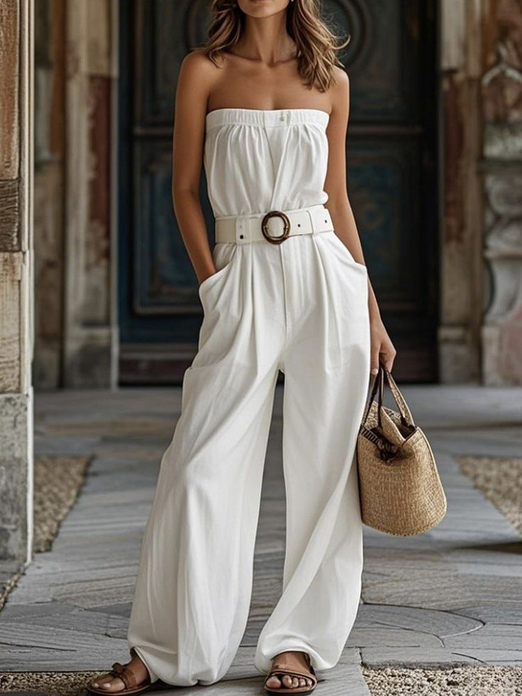 Damen Lässiger Jumpsuit mit Gürtel und weitem Bein R&B