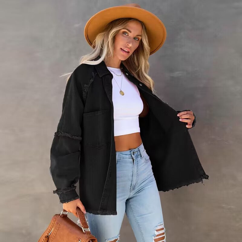Damen Lässige Denim-Übergangsjacke im Vintage-Stil mit fransigen Details R&B