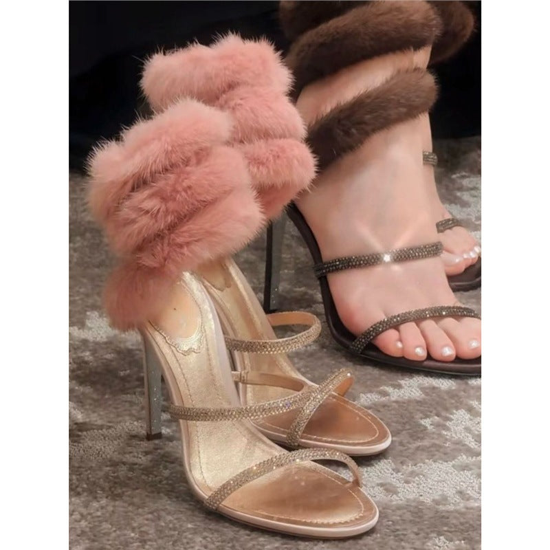 Damen High Heel Sandalen mit glamourösen Riemen und weichem Fellbesatz R&B