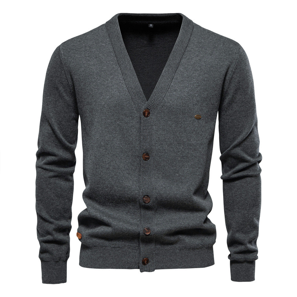 Herren Strickjacke mit V-Ausschnitt und modischen Holzknöpfen R&B