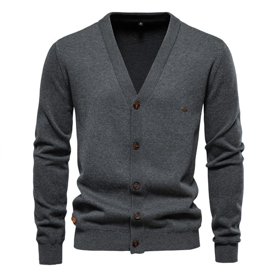 Herren Strickjacke mit V-Ausschnitt und modischen Holzknöpfen R&B