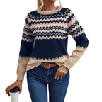 Damen Pullover mit Wellenmuster und klassischem Rundhalsausschnitt R&B