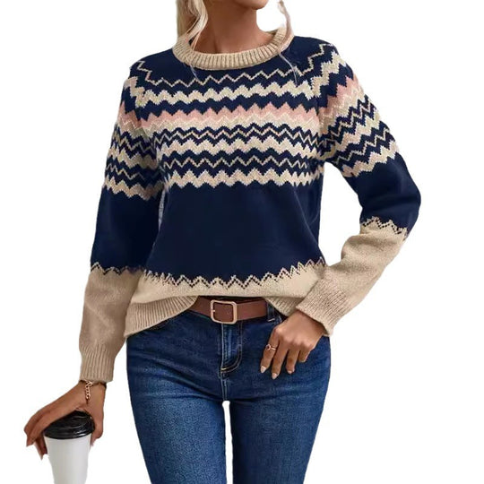 Damen Pullover mit Wellenmuster und klassischem Rundhalsausschnitt R&B