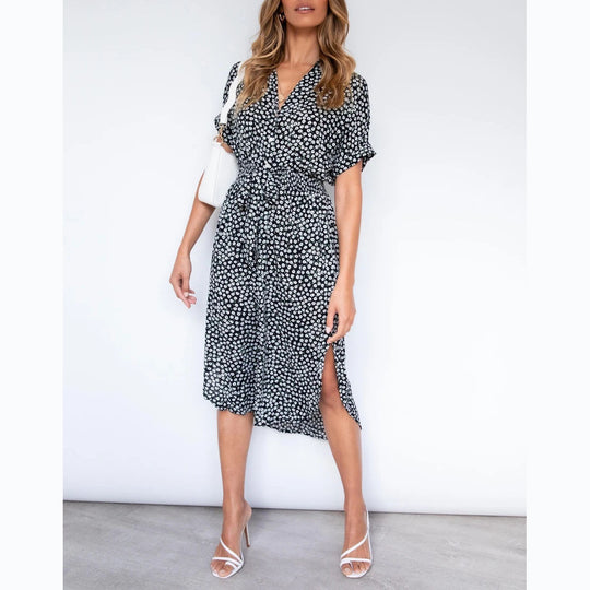 Damen Midikleid mit knotenfreiem Gürtel und verspieltem Punkte-Design R&B