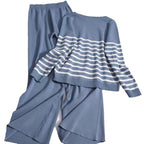 Damen gemütliches Strick-Loungewear-Set mit Streifenmuster R&B